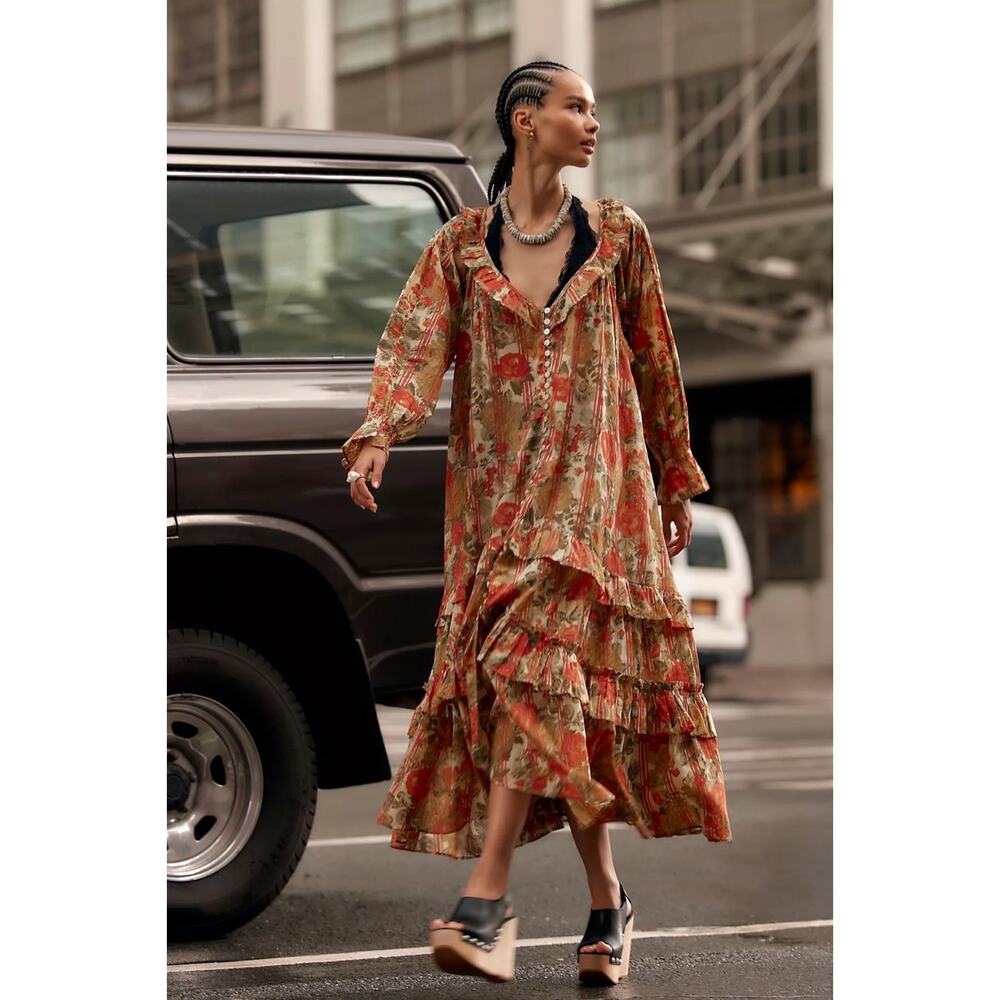 Free People Garden Wonders Maxi Dress Retro 70s Bohemian Floral Size XL - Picture 13 of 14